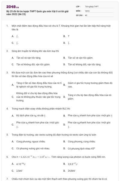 Bộ 25 đề thi ôn luyện THPT Quốc gia môn Vật lí có lời giải năm 2022 (Đề 23)