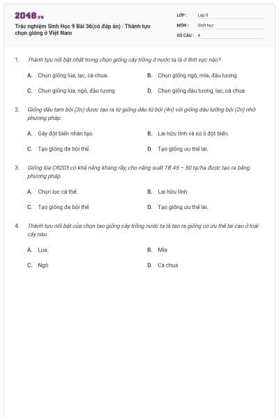 Trắc nghiệm Sinh Học 9 Bài 36(có đáp án) : Thành tựu chọn giống ở Việt Nam