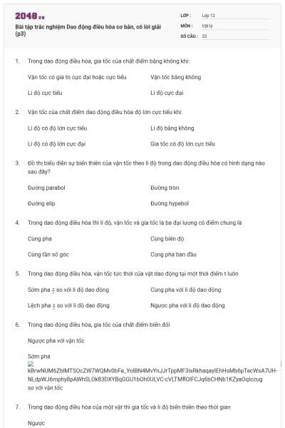 Bài tập trắc nghiệm Dao động điều hòa cơ bản, có lời giải (p3)