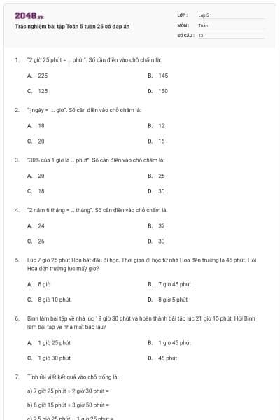 Trắc nghiệm bài tập Toán 5 tuần 25 có đáp án