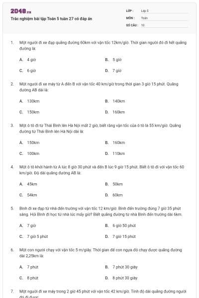 Trắc nghiệm bài tập Toán 5 tuần 27 có đáp án