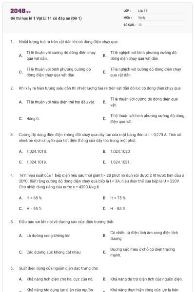Đề thi học kì 1 Vật Lí 11 có đáp án (Đề 1)