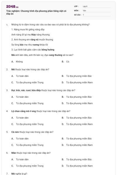 Trắc nghiệm: Chương trình địa phương phần tiếng việt có đáp án