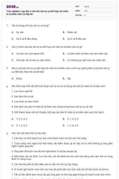 Trắc nghiệm: Lập dàn ý cho bài văn tự sự kết hợp với miêu ta và biểu cảm có đáp án