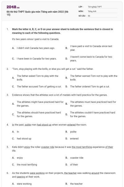 Đề thi thử THPT Quốc gia môn Tiếng anh năm 2022 (Đề 15)