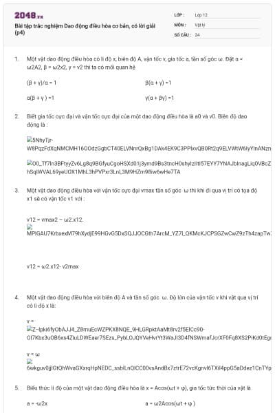 Bài tập trắc nghiệm Dao động điều hòa cơ bản, có lời giải (p4)