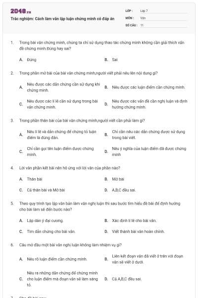 Trắc nghiệm: Cách làm văn lập luận chứng minh có đáp án