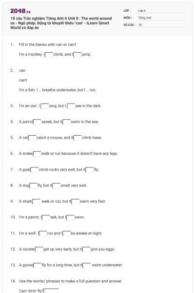 18 câu Trắc nghiệm Tiếng Anh 6 Unit 8 : The world around us - Ngữ pháp: Động từ khuyết thiếu "can" - iLearn Smart World có đáp án