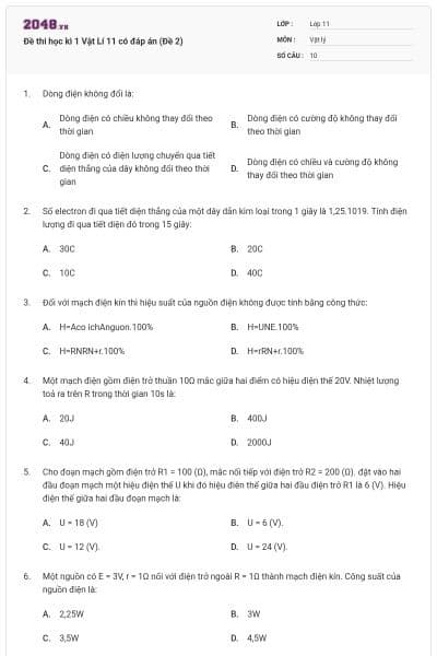 Đề thi học kì 1 Vật Lí 11 có đáp án (Đề 2)