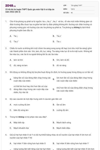 25 đề thi ôn luyện THPT Quốc gia môn Vật lí có đáp án năm 2022 (Đề 3)