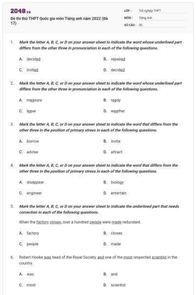 Đề thi thử THPT Quốc gia môn Tiếng anh năm 2022 (Đề 17)