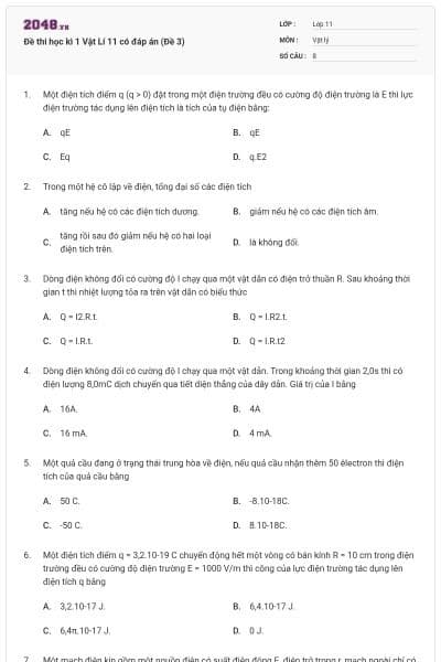 Đề thi học kì 1 Vật Lí 11 có đáp án (Đề 3)