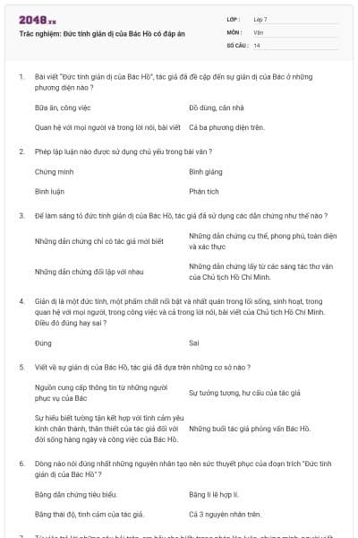 Trắc nghiệm: Đức tính giản dị của Bác Hồ có đáp án