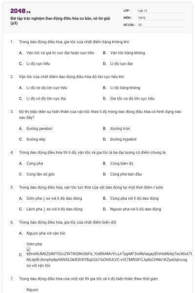 Bài tập trắc nghiệm Dao động điều hòa cơ bản, có lời giải (p3)