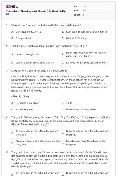 Trắc nghiệm: Thêm trạng ngữ cho câu (tiếp theo) có đáp án