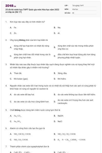 25 đề thi minh họa THPT Quốc gia môn Hóa học năm 2022 có đáp án (Đề 17)