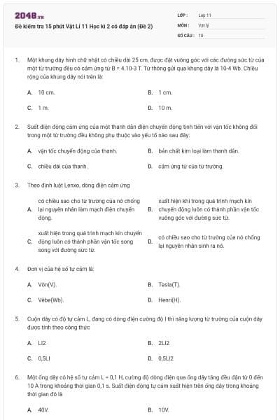 Đề kiểm tra 15 phút Vật Lí 11 Học kì 2 có đáp án (Đề 2)