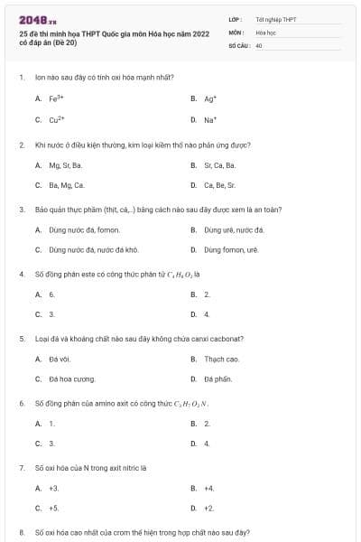 25 đề thi minh họa THPT Quốc gia môn Hóa học năm 2022 có đáp án (Đề 20)
