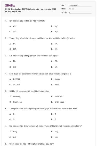25 đề thi minh họa THPT Quốc gia môn Hóa học năm 2022 có đáp án (Đề 21)