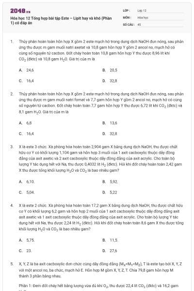 Hóa học 12 Tổng hợp bài tập Este – Lipit hay và khó (Phần 1) có đáp án