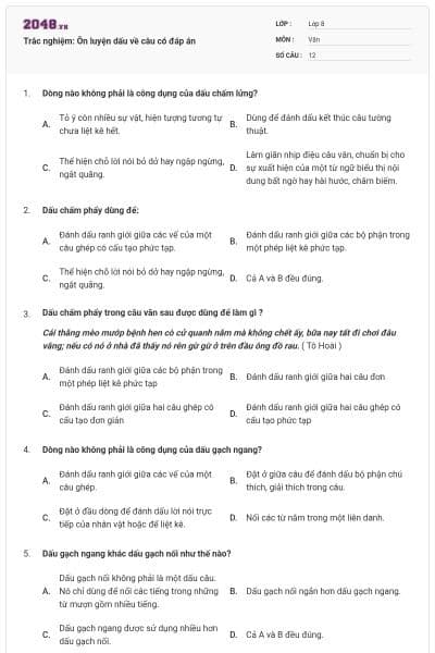 Trắc nghiệm: Ôn luyện dấu về câu có đáp án