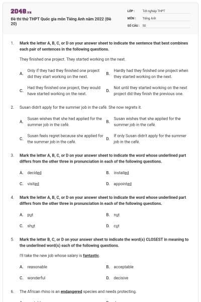 Đề thi thử THPT Quốc gia môn Tiếng Anh năm 2022 (Đề 20)