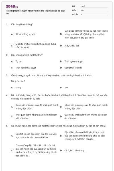 Trắc nghiệm: Thuyết minh về một thể loại văn học có đáp án