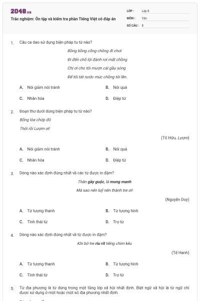 Trắc nghiệm: Ôn tập và kiểm tra phần Tiếng Việt có đáp án