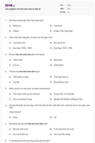 Trắc nghiệm: Hai chữ nước nhà có đáp án