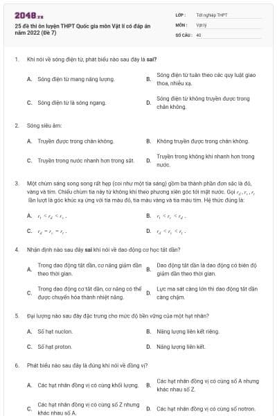 25 đề thi ôn luyện THPT Quốc gia môn Vật lí có đáp án năm 2022 (Đề 7)