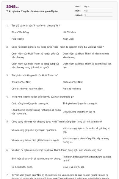 Trắc nghiệm: Ý nghĩa của văn chương có đáp án