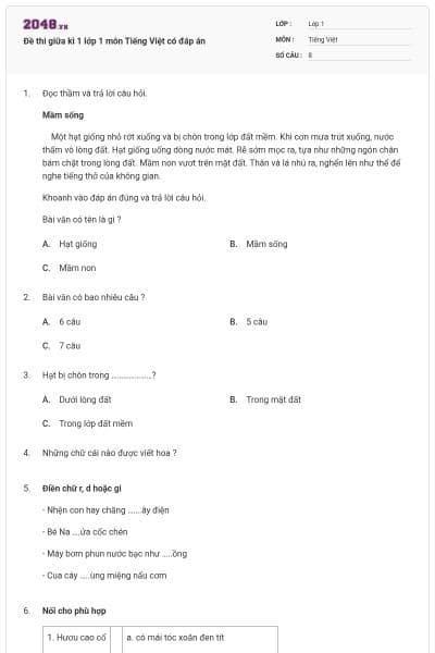 Đề thi giữa kì 1 lớp 1 môn Tiếng Việt có đáp án