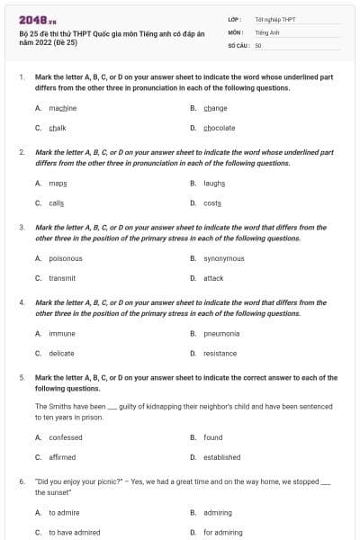 Bộ 25 đề thi thử THPT Quốc gia môn Tiếng anh có đáp án năm 2022 (Đề 25)