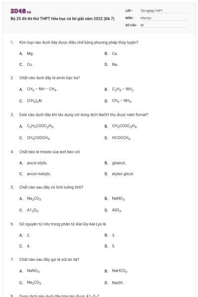 Bộ 25 đề thi thử THPT Hóa học có lời giải năm 2022 (Đề 7)