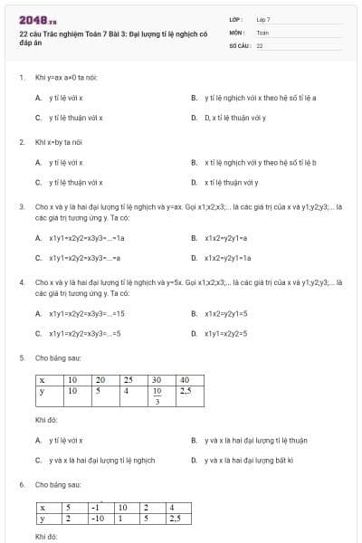 22 câu Trắc nghiệm Toán 7 Bài 3: Đại lượng tỉ lệ nghịch có đáp án