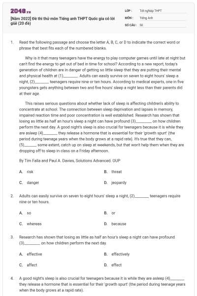 [Năm 2022] Đề thi thử môn Tiếng anh THPT Quốc gia có lời giải (20 đề)