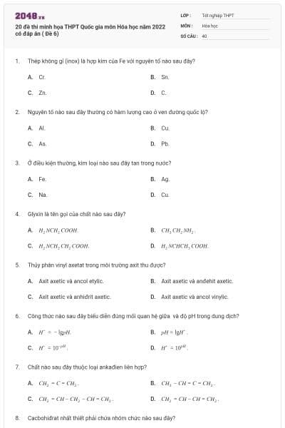 20 đề thi minh họa THPT Quốc gia môn Hóa học năm 2022 có đáp án ( Đề 6)