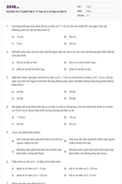 Đề kiểm tra 15 phút Vật Lí 11 Học kì 2 có đáp án (Đề 4)