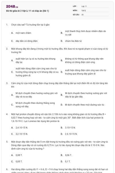 Đề thi giữa kì 2 Vật Lí 11 có đáp án (Đề 1)
