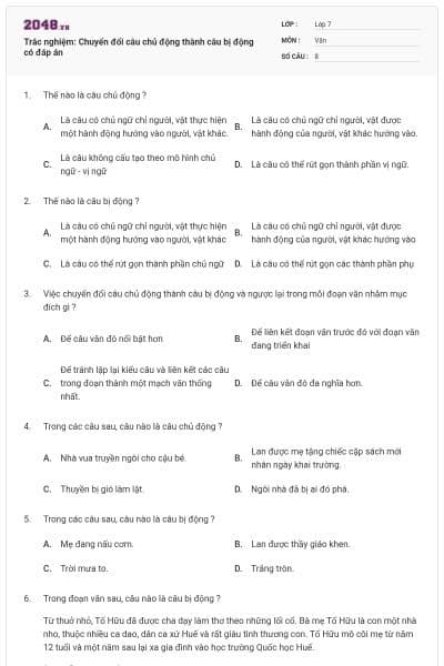 Trắc nghiệm: Chuyển đổi câu chủ động thành câu bị động có đáp án