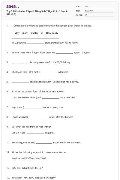 Top 5 Đề kiểm tra 15 phút Tiếng Anh 7 Học kì 1 có đáp án (Đề số 1)