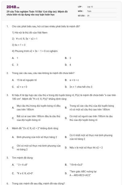 29 câu Trắc nghiệm Toán 10 Bài 1(có đáp án): Mệnh đề chứa biến và áp dụng vào suy luận toán học
