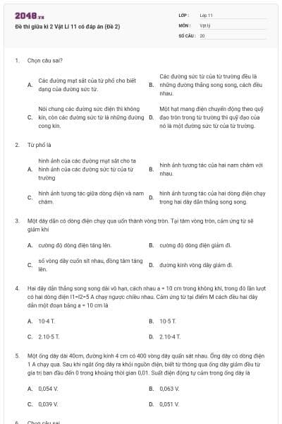 Đề thi giữa kì 2 Vật Lí 11 có đáp án (Đề 2)