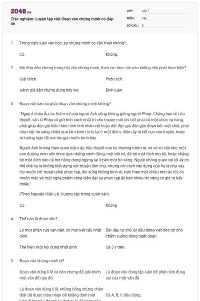 Trắc nghiệm: Luyện tập viết đoạn văn chứng minh có đáp án