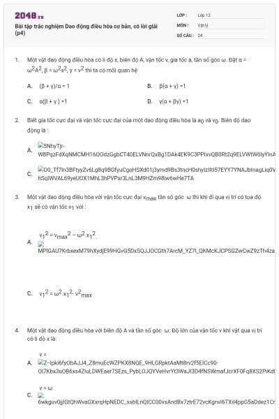 Bài tập trắc nghiệm Dao động điều hòa cơ bản, có lời giải (p4)