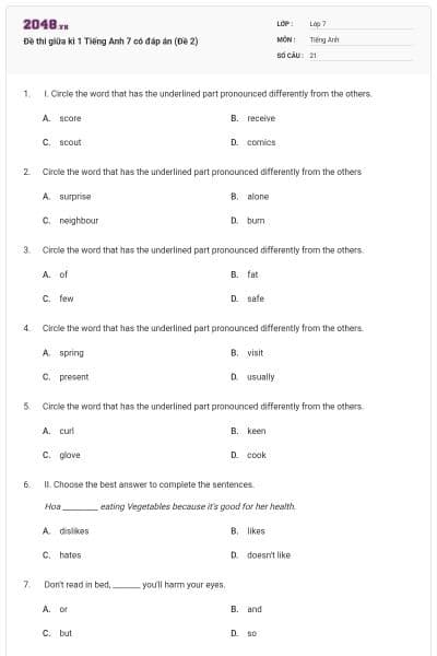 Đề thi giữa kì 1 Tiếng Anh 7 có đáp án (Đề 2)