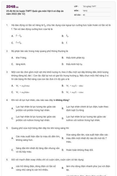 25 đề thi ôn luyện THPT Quốc gia môn Vật lí có đáp án năm 2022 (Đề 12)