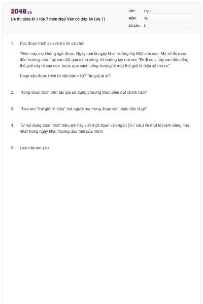 Đề thi giữa kì 1 lớp 7 môn Ngữ Văn có đáp án (Đề 1)