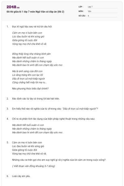 Đề thi giữa kì 1 lớp 7 môn Ngữ Văn có đáp án (Đề 2)