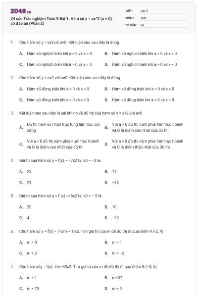 24 câu Trắc nghiệm Toán 9 Bài 1: Hàm số y = ax^2 (a ≠ 0) có đáp án (Phần 2)